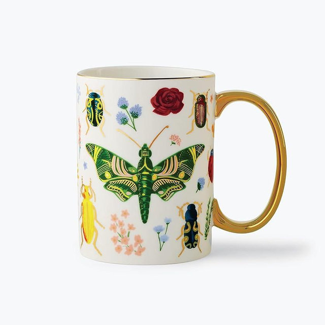 RIFLE PAPER CO. Curio Porcelain Mug - Porcelain 16 OZ Mug, Full-Color Illustration with Metallic Gold Accents, 4.5" L x 3.125" W, Intricate Nature Designs with Gilded Rim and Handle