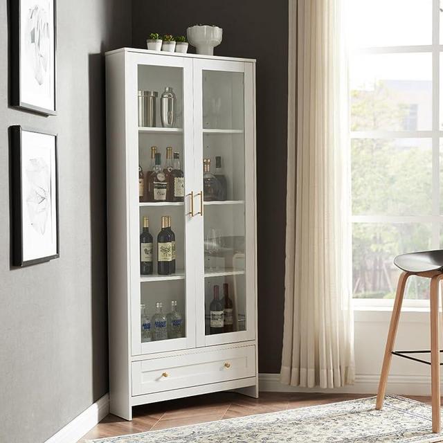 Home Source Corner Storage Cabinet in White with Glass Doors