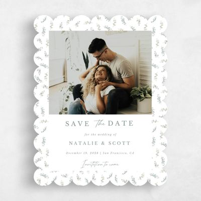 White Scalloped Wedding Save the Date - Verde Photo