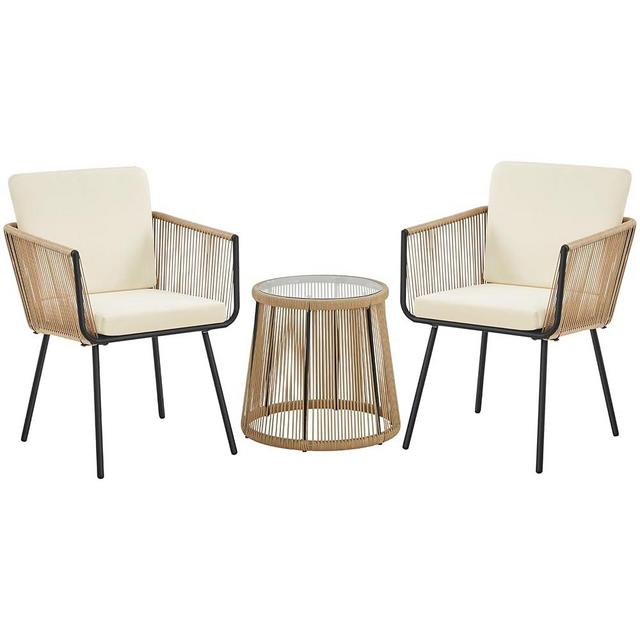 Yaheetech 3 Piece Patio Rattan Bistro Set, Outdoor All Weather PE Wicker Conversation Furniture Set with 2 Chairs & Tempered Glass Top Table & Cushions, for Poolside/Porch/Garden/Yard, Tan/Cream