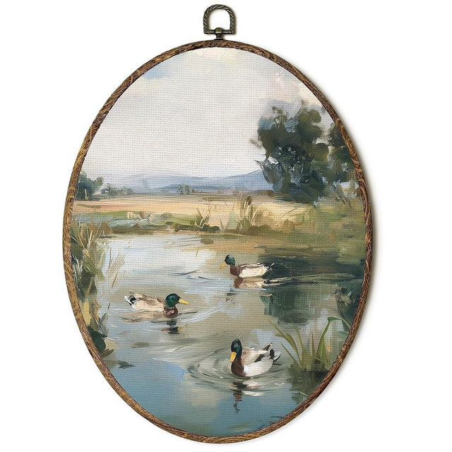 OINDADE Vintage Mallard Duck Hunting Oval Wall Art Decor, Cabin Cottagecore Duck Hunting Wall Art Hanging Decor, Mallard Ducks Framed Canvas Artwork for Home Nursery Living Room, 8.8x11.5in