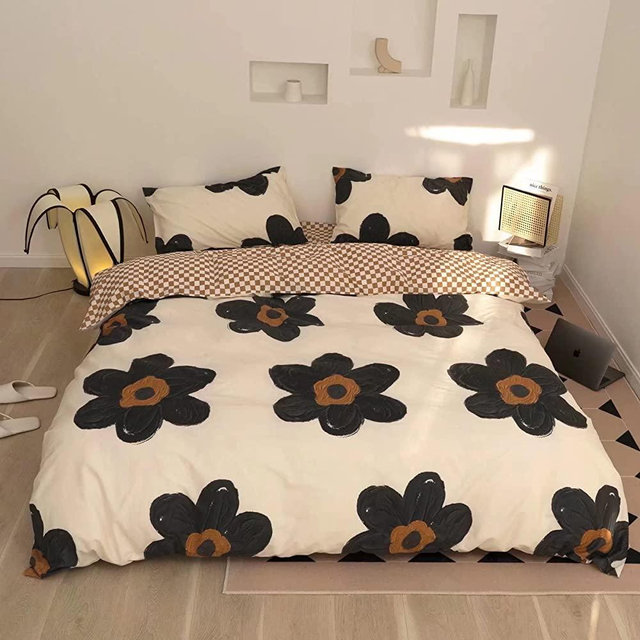 Houseri Floral Comforter Set King Black and White 3D Floral Comforters Bedding Sets King for Women Men Elegant Beige and Brown Plaid Bedding Sets King Size Vintage Grand Flowers Comforter Quilts King