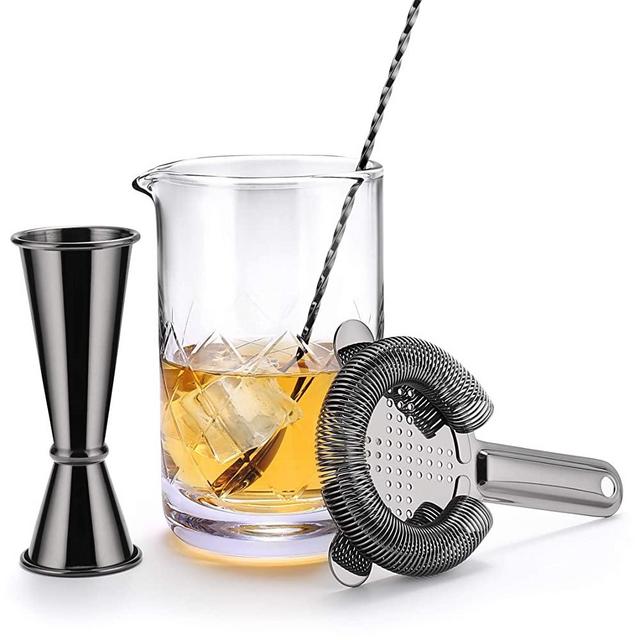 VinoBravo Crystal Cocktail Mixing Glass Bar Gift Set/Bartender Kit : 18oz Cocktail Shaker with Weighted Thick Bottom,12’’ Mixing Spoon, Hawthorne Strainer & Japanese Jigger, Cocktail Accessories