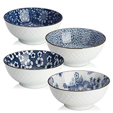 Y YHY Ceramic Cereal, Soup, Salad Bowls, 16 Ounces Japanese bowls, Set of 4 Assorted Designs, Blue and White