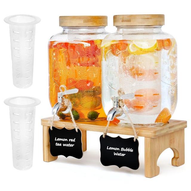 1 Gallon Drink Dispenser with Stand,2 Pack Glass Beverage Dispenser With Wood Stand, Stainless Steel Spigot and Labels Large Water Drink Dispensers for Parties, Lemonade,Juice, Tea