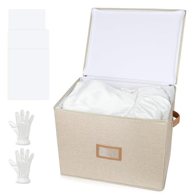 Lukeline Wedding Dress Storage Box,Wedding Dress Preservation Box with Lid,Foldable Acid-Free Organizer with 1 Pair of Microfiber Gloves and 20 Sheets of Acid-Free Paper