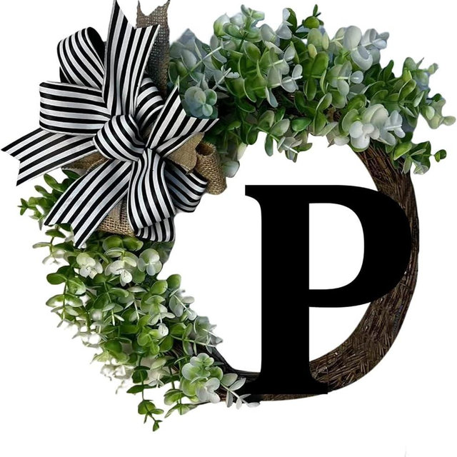 12inch Last Name Year Round Front Door Wreath with Bow Welcome Signs Garland Personalized Creative 26 Letter Farmhouse Wreath for Home Front Door (P)