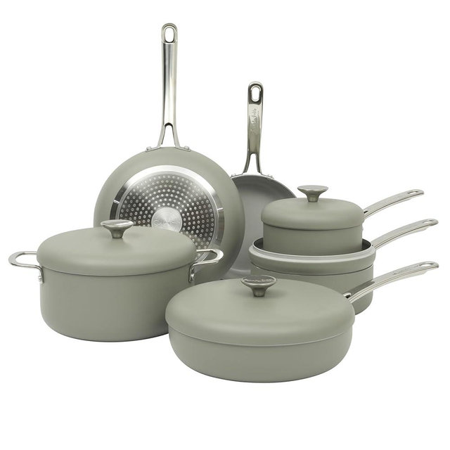 Sur La Table Kitchen Essentials Potluck Porch 10 Piece PFA Free Ceramic Non stick Interior Forged Aluminum Cookware Pots and Pans Set W/Aluminum Lids - Green - Induction Compatible
