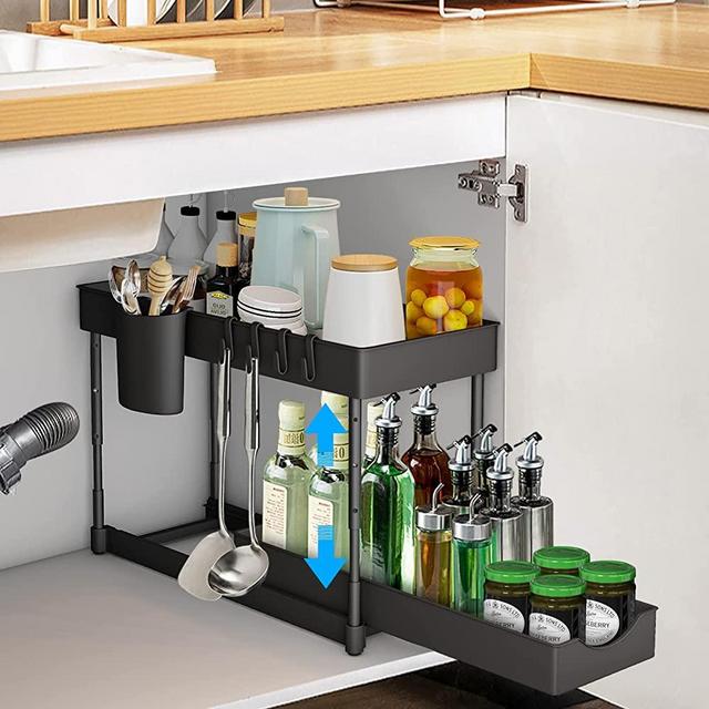 Seasky Slide Out Under Sink Organizer 2 Tier Adjustable Height Bathroom Organizer Under Sink, Kitchen Cabinet Organizers Baskets with 4 Hooks and 1 Hanging Cups,Under Sink Storage for Kitchen (black)