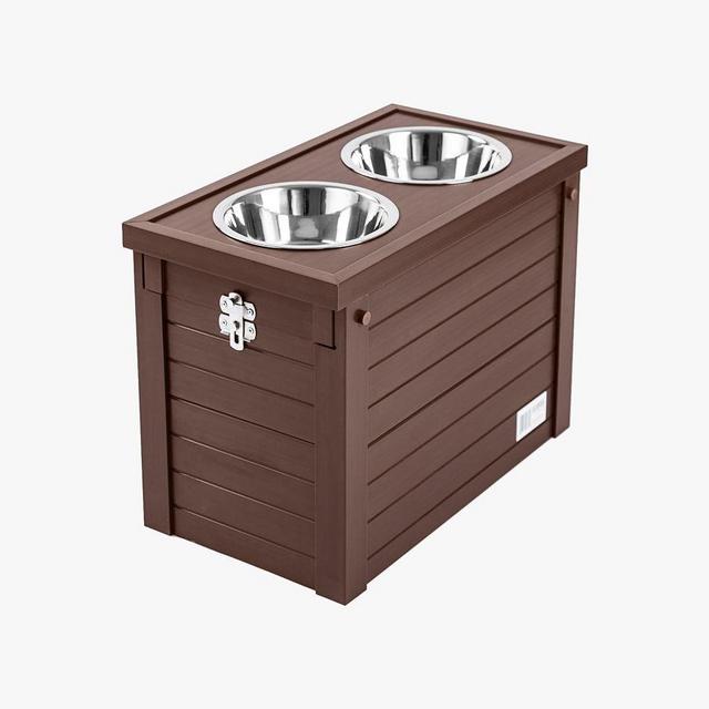 Ecoflex® Dual Pet Bowls with Sliding Food Storage, Mahogany