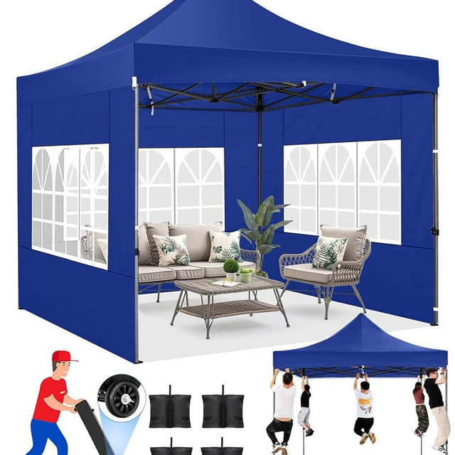 COBIZI 10x10 Pop up Canopy Tent Heavy Duty with 4 Sidewalls, Easy Set-up Commercial Outdoor Party Tent, 100% Waterproof Wedding Tent Gazebo, 3 Height Adjustable with Wheeled Bag,Dark Blue