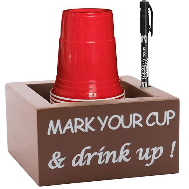 Wooden Solo Cup Holder with Marker Slot- Rustic Mark Your Cup & Drink Up Wood Party Cup Holder Utensil Dispenser Personalized Disposable Cup Holder for Home Kitchen Bar Countertop Decors Party Favors