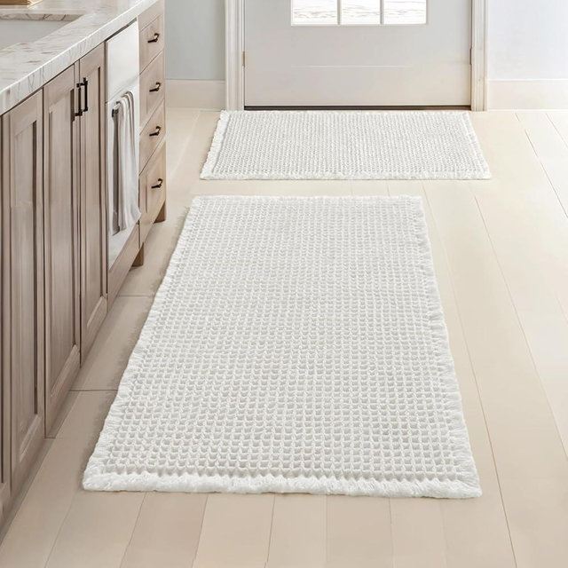 MIULEE Set of 2 Waffle Bathroom Rugs, Boho Bath Rugs Non Slip Washable, Super Absorbent Bath Mats, Ultra Soft Rubber Backed Shower Mats for Bathroom Floor, Tub, White, 17"x24"+18"x30"