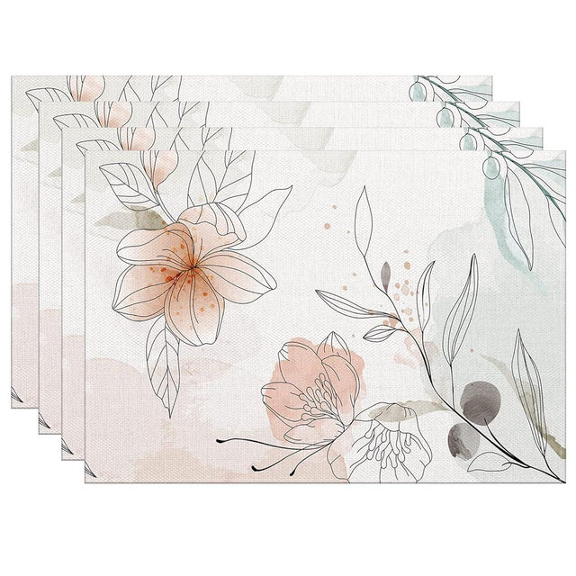 ARBINSON Watercolor Floral Spring Placemats 12 x 18Inch, Art Flowers Summer Seasonal Kitchen Dining Coffee Set of 4 Table Mats for Home Indoor Outdoor Party (Pink/Flowers, 12" x 18")