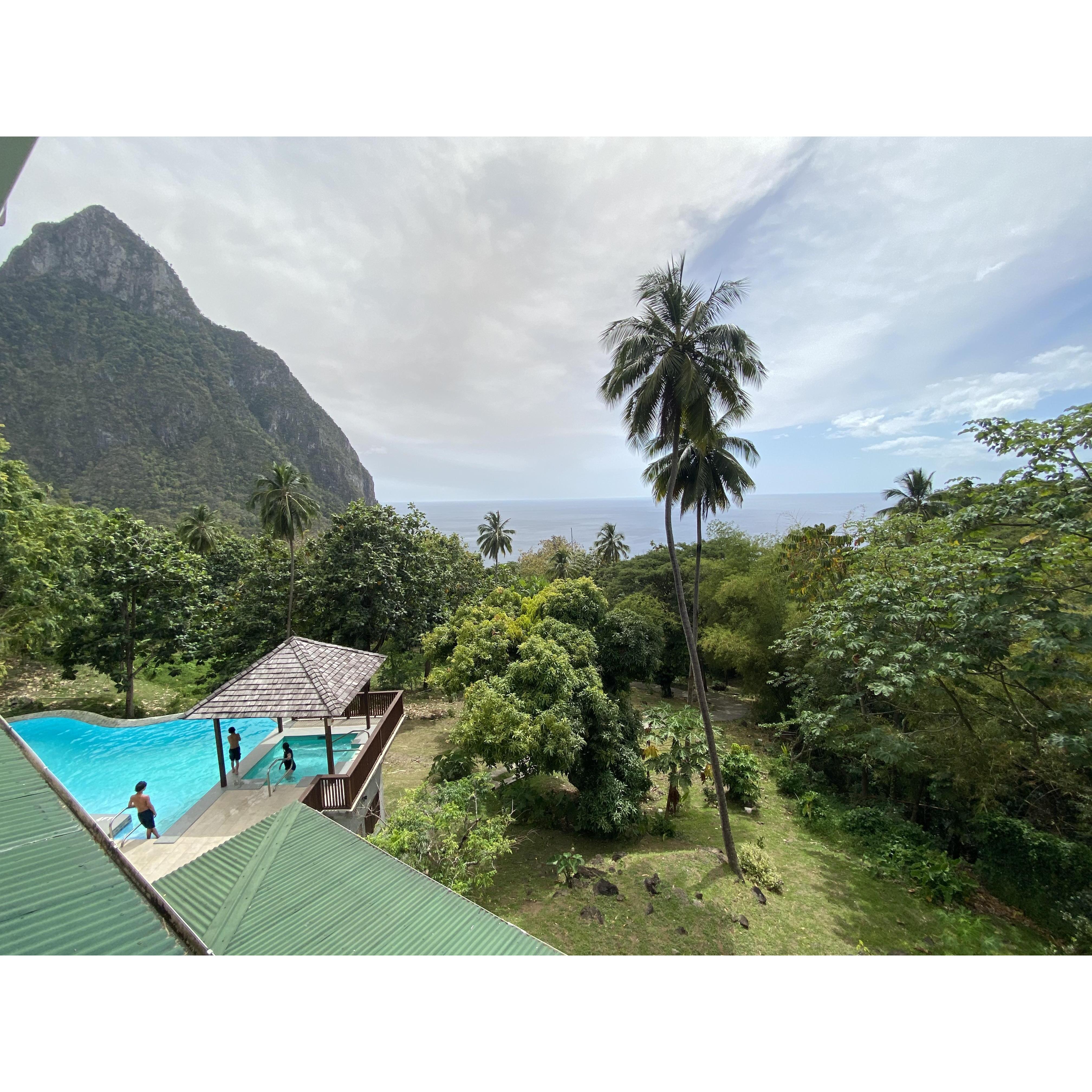 not a bad place to get ready for a wedding. Kids in the pools, Gina with the hair stylist,...