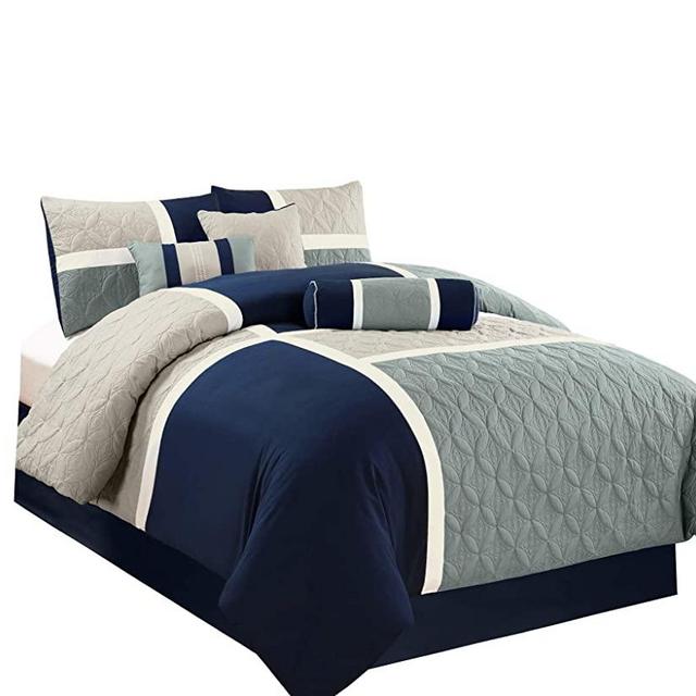 Chezmoi Collection 7-Piece Quilted Patchwork Comforter Set (Queen, Blue/Gray)