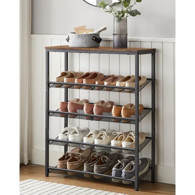 Shoe Rack, 5-Tier Shoe Storage Organizer with 4 Metal Mesh Shelves for 16-20 Pairs and Large Surface for Bags, for Entryway, decorative shoe rack