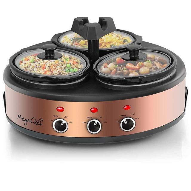 MegaChef MC-1103 Round Triple 1.5 Quart Slow Cooker and Buffet Server Copper 3 Ceramic Cooking Pots and Removable Lid Rests, Brushed Copperwith Black Finish