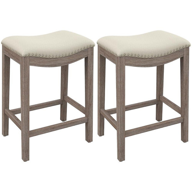 GOOLON Bar Stools Set of 2, Counter Height Stools Saddle Seat, 27” Vintage Linen Fabric Stools with Wood Legs and Nailhead Upholstered Seat for Kitchen Island, Beige