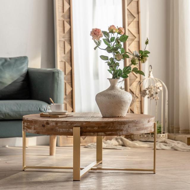 31.29" Modern Retro Splicing Fir Wood Top Round Coffee Table With Gold Cross Legs Metal Base - ModernLuxe