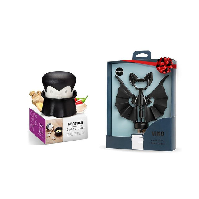 OTOTO Gracula Garlic Crusher and Vino Spooky Bat 2-in-1 Wine & Beer Opener - Bundle of 2 Fun Kitchen Gadgets