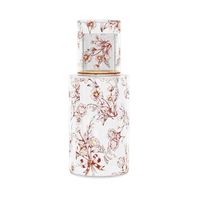 JIDOCB 1200ml/40.57oz Bedside Glass Carafe with Cup Holder Container Night Stand Water Glass Bottle Set(Garden Full of Flowers)