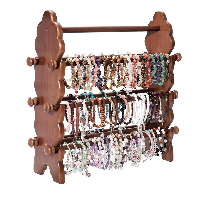 humberboat Two-Sided Wooden Jewelry Bracelet Holder Display Stand with 6 Removable Holders - 3 Tier Bar Bangle Organizer Perfect for Organizing and Showcasing Bracelets, Watches, and Accessories