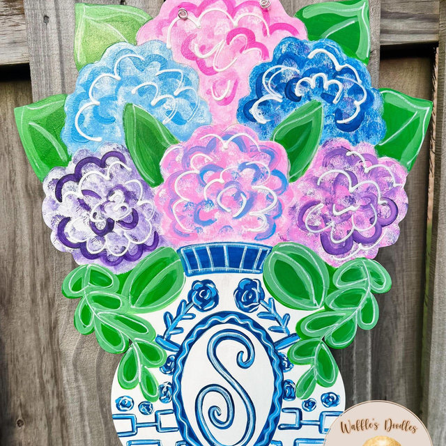Hydrangea Door Hanger -Chinoiserie Door Hanger - Monogram Door Hanger - Hand Painted Door Hanger - Custom Door Hanger