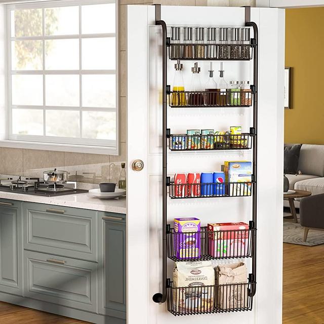 Over the Door Pantry Organizer, 1Easylife 6-Tier Pantry Door Organization and Storage, Heavy-Duty Metal Hanging Kitchen Spice Rack Can Organizer (4x4.72"+2x5.9"Width Baskets, Bronze)