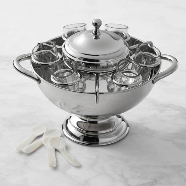 Stainless-Steel Caviar Dish with Vodka Shot Glasses and Shell Spoons