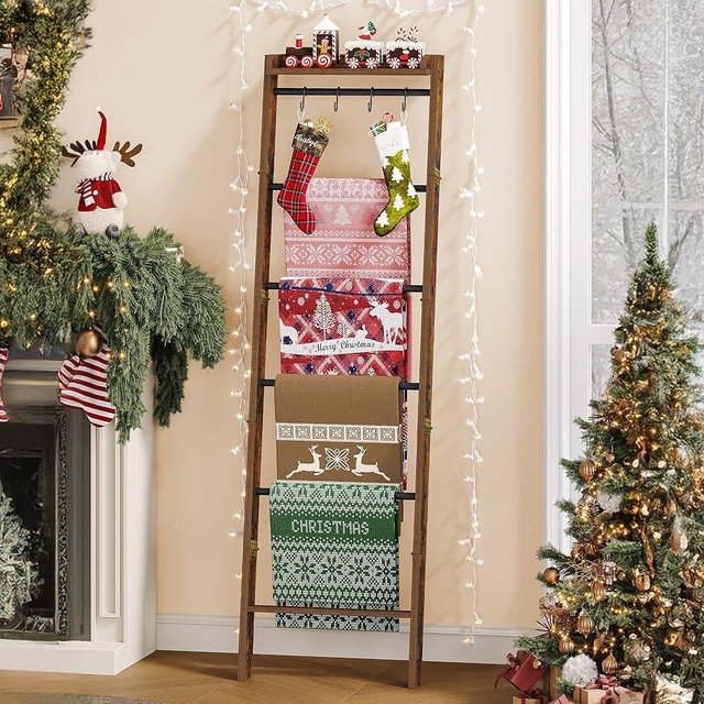 Hzuaneri Blanket Ladder Shelf, Decorative Quilt Rack, 7-Tier Farmhouse Ladder Holder Organizer with 4 Removable Hooks 7.9" D x 17.3" W x 66.9" H, Rustic Brown BR36801B
