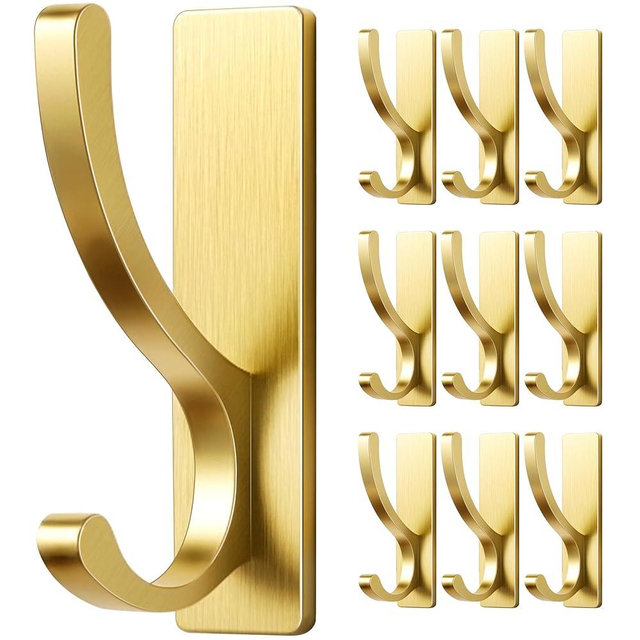 pickpiff Adhesive Wall Hooks for Towels - Sticky Hook Hanging Heavy Duty (13lb), Hanger for Door, Bathroom, Dorm, Closet - for Coats, Purse, Bag, Robe - No Damage to Wall - Gold 10 Pack
