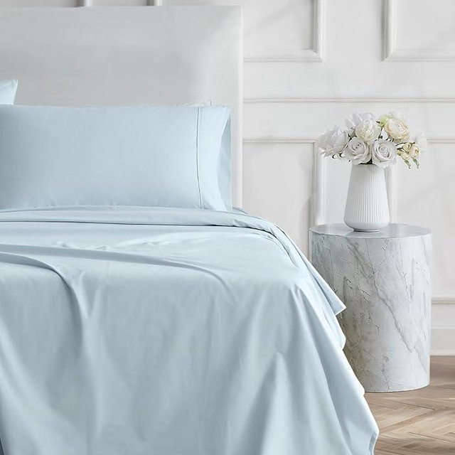 Linen Closet Queen Sheet Set – 100% Natural Long Staple Cotton Percale, 4-Piece Bedding Set, Oeko-Tex Made in Green sustainable, Deep Pockets & Snug Fit, Hotel Quality Bedding – Light Blue