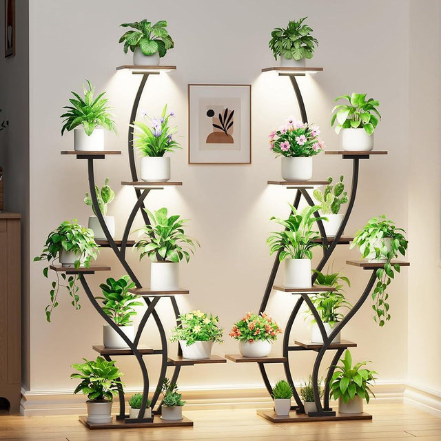 Plant Stand Indoor with Grow Lights - Lighted Plant Shelf Indoor Tall, 61" 9 Tier Large Plant Stands for Indoor Growing, 2 Pack Corner Flower Shelf, Winged Metal Holder for Home Living Room, Black