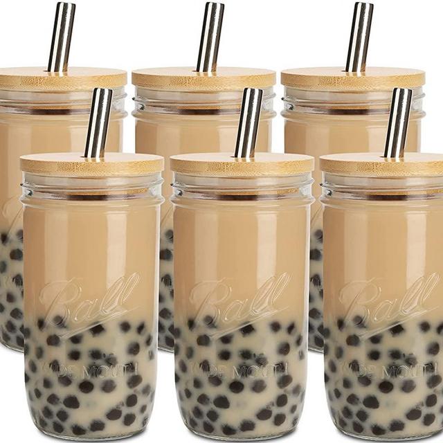 Bubble Tea Cups 6 Pack 24 oz, Iced Coffee Cups Reusable Wide Mouth Smoothie Cups, Boba Cup With Bamboo Lids and Silver Straws, Mason Jar Drinking Glasses Cups, Travel Glass Drinking Bottle