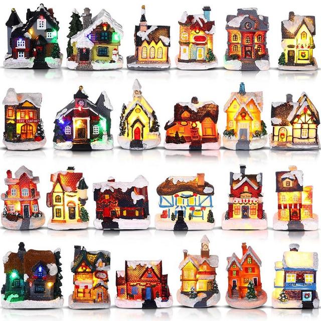 Kajaia 24 Pieces Christmas Winter Village Houses Set, Village Scene Town Buildings LED Lighted Christmas Winter Town Set for Winter Village Collectible Buildings Figurine Desktop Decor