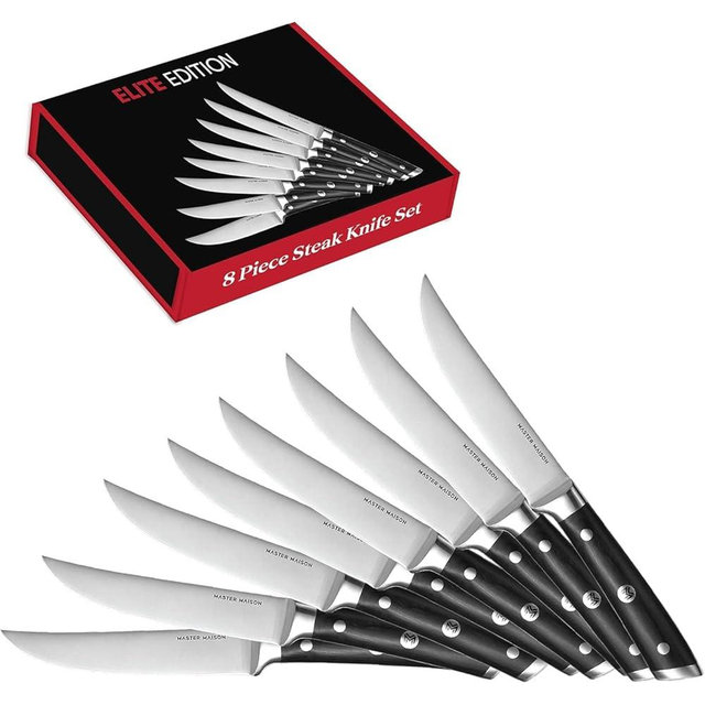 Master Maison 8-Piece 5" Ultra Premium Steak Knife Set | 8 German Non-Serrated Stainless Steel Kitchen Steak Knives + Storage Gift Box | Anti-Fatigue Ergonomic Full-Tang Triple-Riveted Handle (Black)