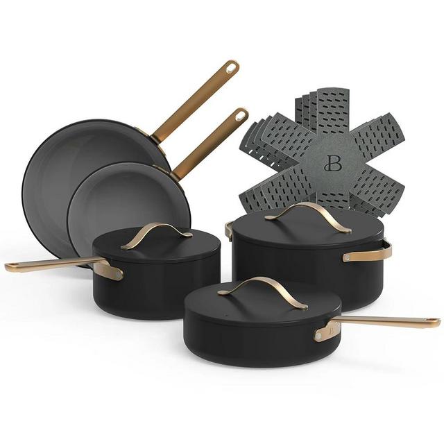 Beautiful 12-Piece Ceramic Non-Stick Cookware Set, Non-Toxic, Induction Compatible, Oven Safe up to 500°F, Dishwasher Safe, by Drew Barrymore (Black Sesame)