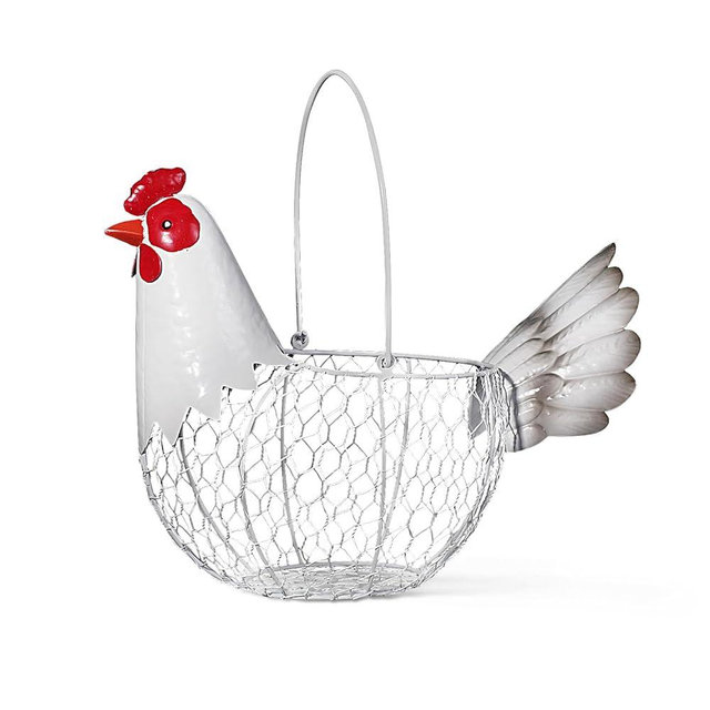 Farmhouse Rustic White Chicken Wire Metal Egg Basket With Handle,Vintage Rooster Decorative Chicken Shaped Fruit Basket Bowl for Kitchen Countertop Living Room Home Farm Table Decor