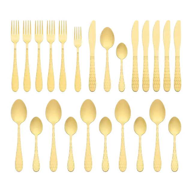 REGALWOVEN 24 Piece Stainless Steel Mirror Polished Silverware Set Flatware Set with Grain Gold