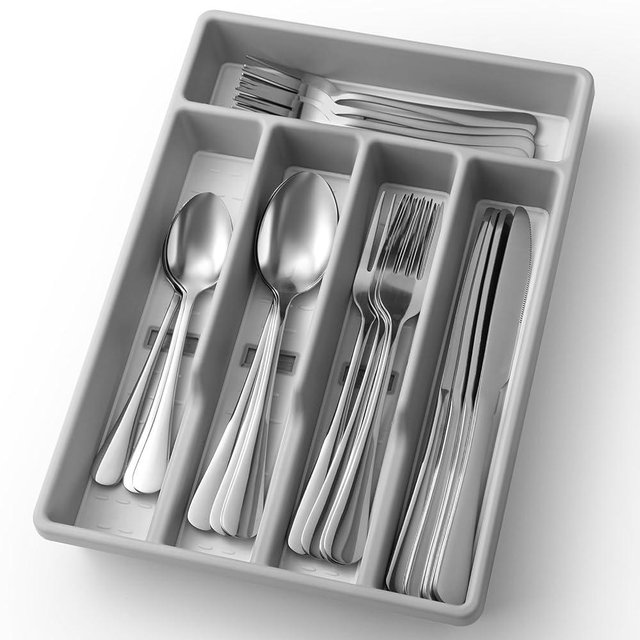 20-Piece Silverware Set with Organizer，Heavy Duty Stainless Steel Flatware Cutlery Tableware Set for 4，Includes 5-Compartment Silverware Tray with Cutlery Icons，First Apartment Kitchen Essentials