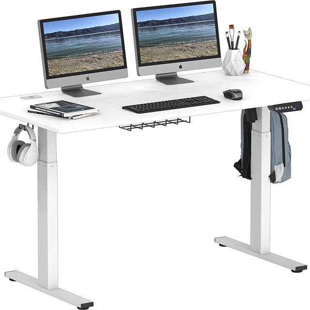 SHW Electric Height Adjustable Standing Desk with Hanging Hooks and Cable Management, 55 x 28 Inches, White