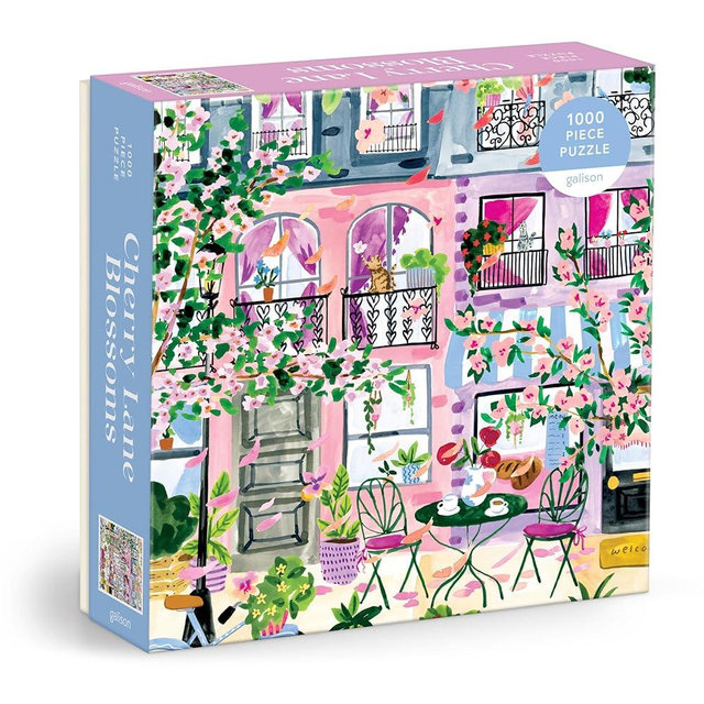 Galison Cherry Lane Blossoms – 1000 Piece Jigsaw Puzzle Featuring Beautiful Artwork of A Cherry Blossom Adorned Neighborhood