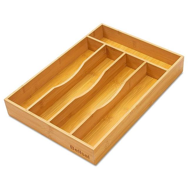 Bellsal Silverware Cutlery Utensil Flatware Spoon Organizer Holder Tray for Kitchen Drawer 5 Compartment 10 Inch Small Narrow Compact Bamboo