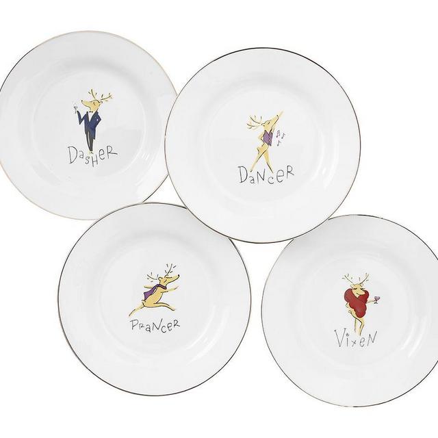 Santa's Reindeer Porcelain Dinner Plates, Mixed Set of 4, Set 1 (Dasher, Dancer, Prancer, Vixen)