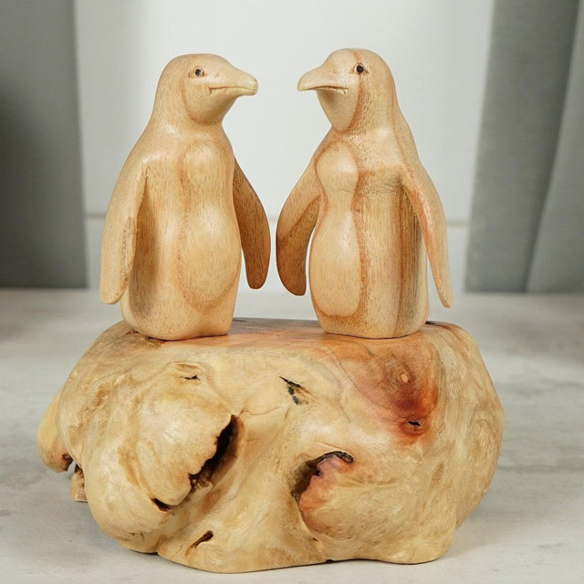 Wooden Penguin Couple on Natural Base, Handmade Statue, Unique Animal Art, Wood Carving, Handmade Decor, Wedding Gift, Gift for Partner
