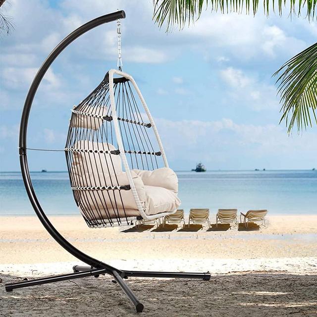 JAXPETY Patio Wicker Hanging Chair with X-Shaped Stand, Aluminum Frame Swing Egg Chair Hammock Chair w/Soft Deep Cushion and Pillow for Indoor Outdoor Garden (Basket Style- Beige)