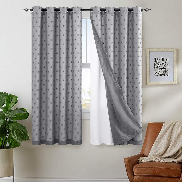 jinchan Curtains Double Layers Embroidered with Pom Pom 2 Panels Drapes for Living Room 72 Inch Grey