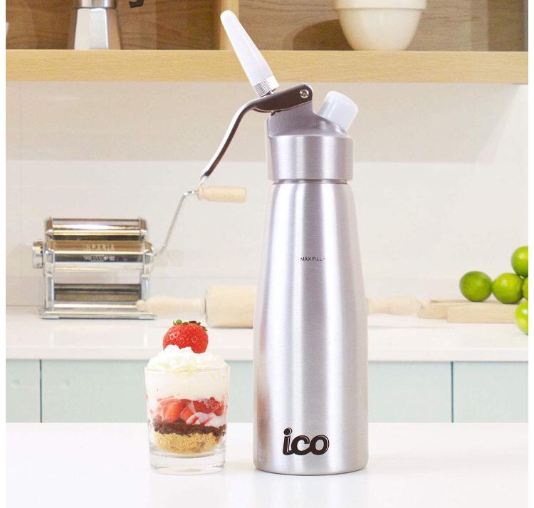 ICO Professional Whipped Cream Dispenser for Delicious Homemade Whipped Creams, Sauces, Desserts, and Infused Liquors - uses 8g N2O cartridges (1 Pint, Silver)