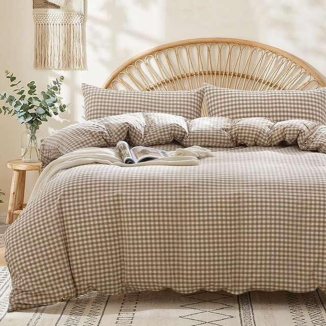 MILDLY Tan Gingham Duvet Cover - 100% Washed Cotton Linen Feel Plaid Comforter Cover Set with Dual Zipper & 8 Corner Ties 90"x90"